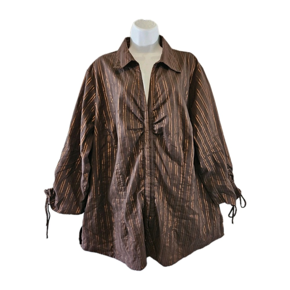 Cato Shirt Womens 22/24W Metallic Brown Orange Stripe Eye Hook Closure3/4 Sleeve